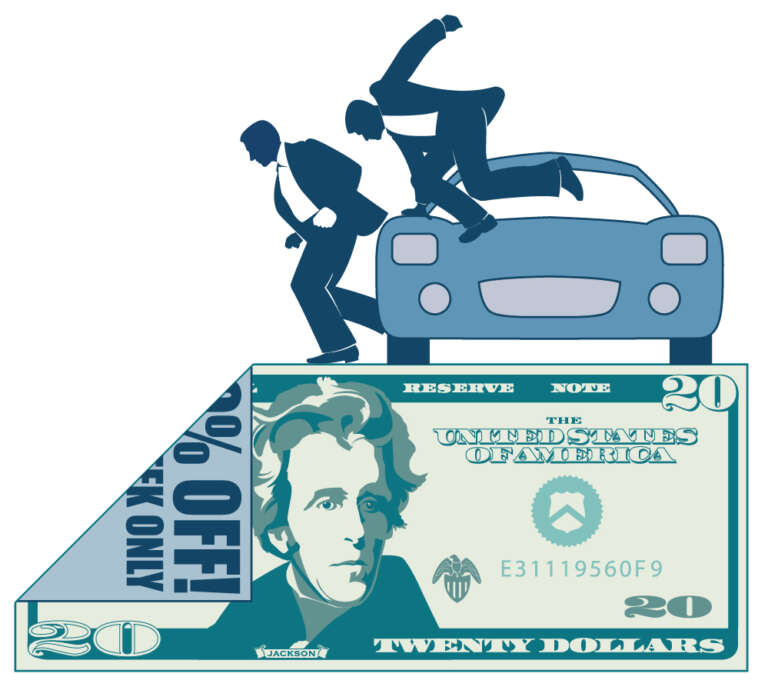 2 figurines jumping out of car with dollar bill & 1 corner folded with advertisement showing on the back