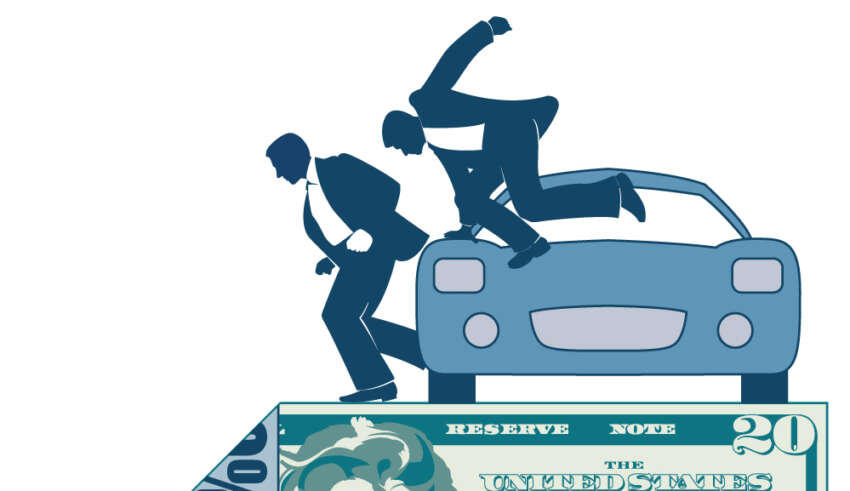 2 figurines jumping out of car with dollar bill & 1 corner folded with advertisement showing on the back
