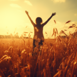 figure in field with arms stretched enjoying the sun