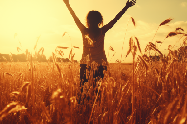 figure in field with arms stretched enjoying the sun