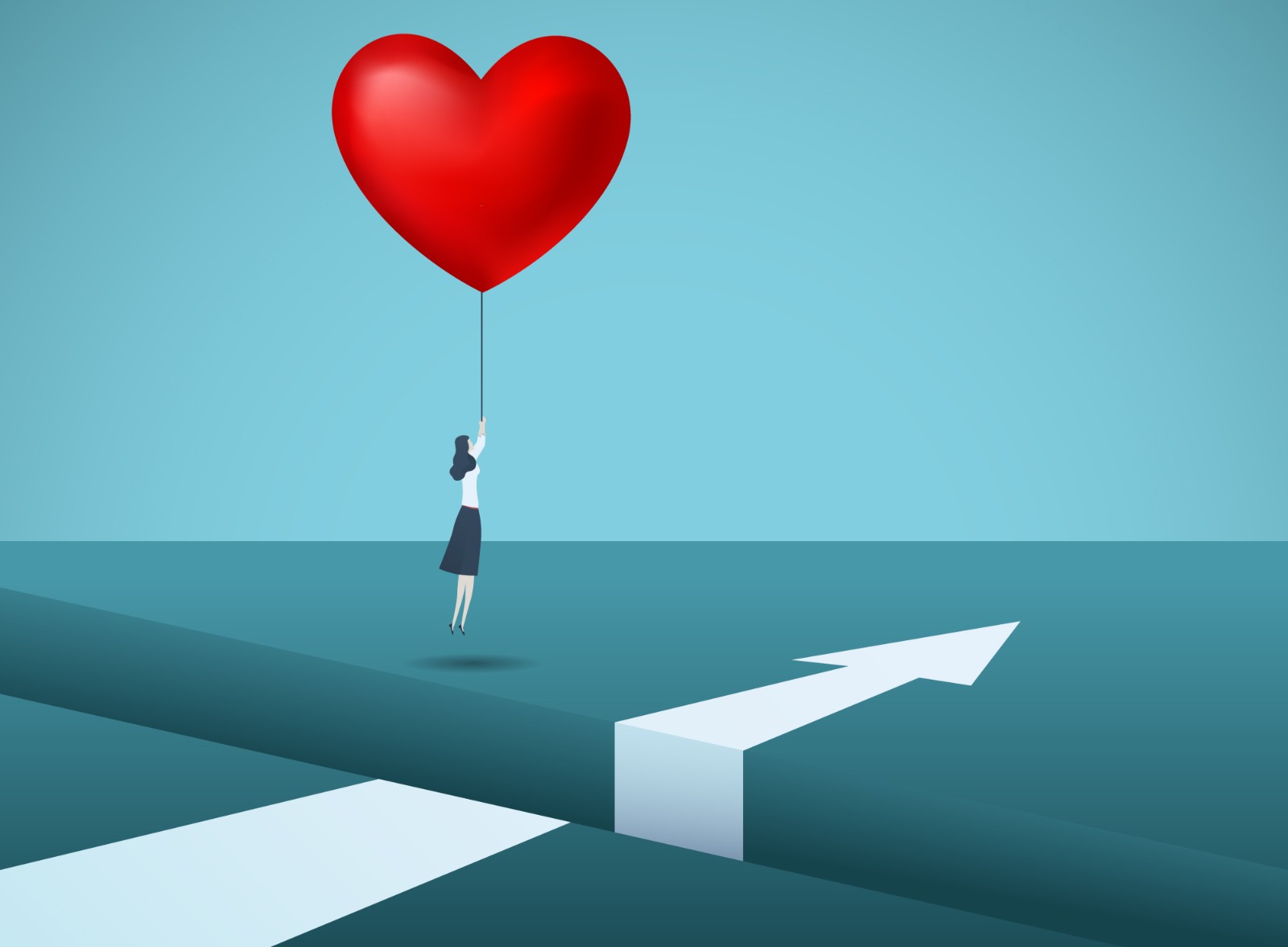 Arrow on the ground with person holding a heart shaped balloon