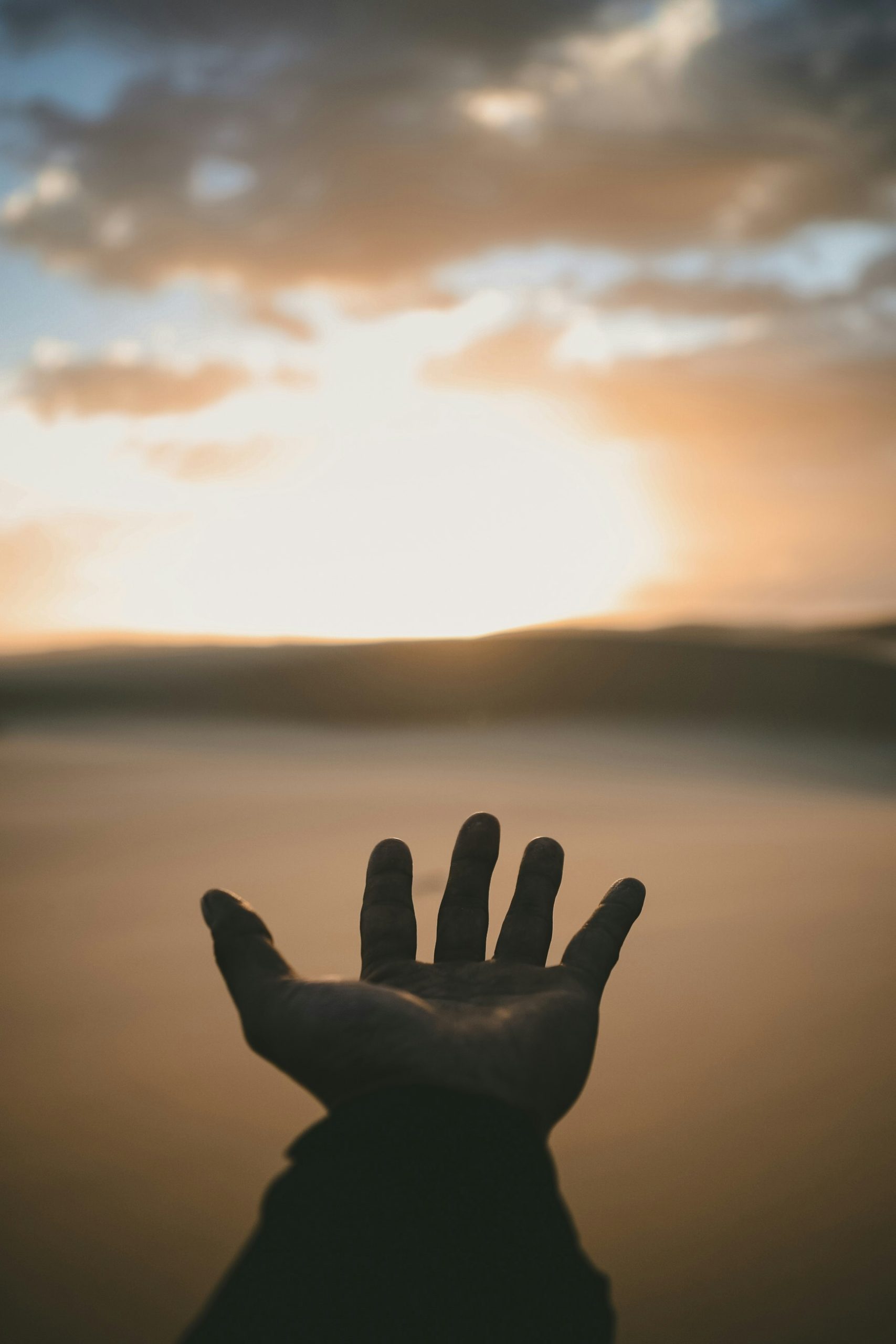 hand reaching out over ocean at Sunset