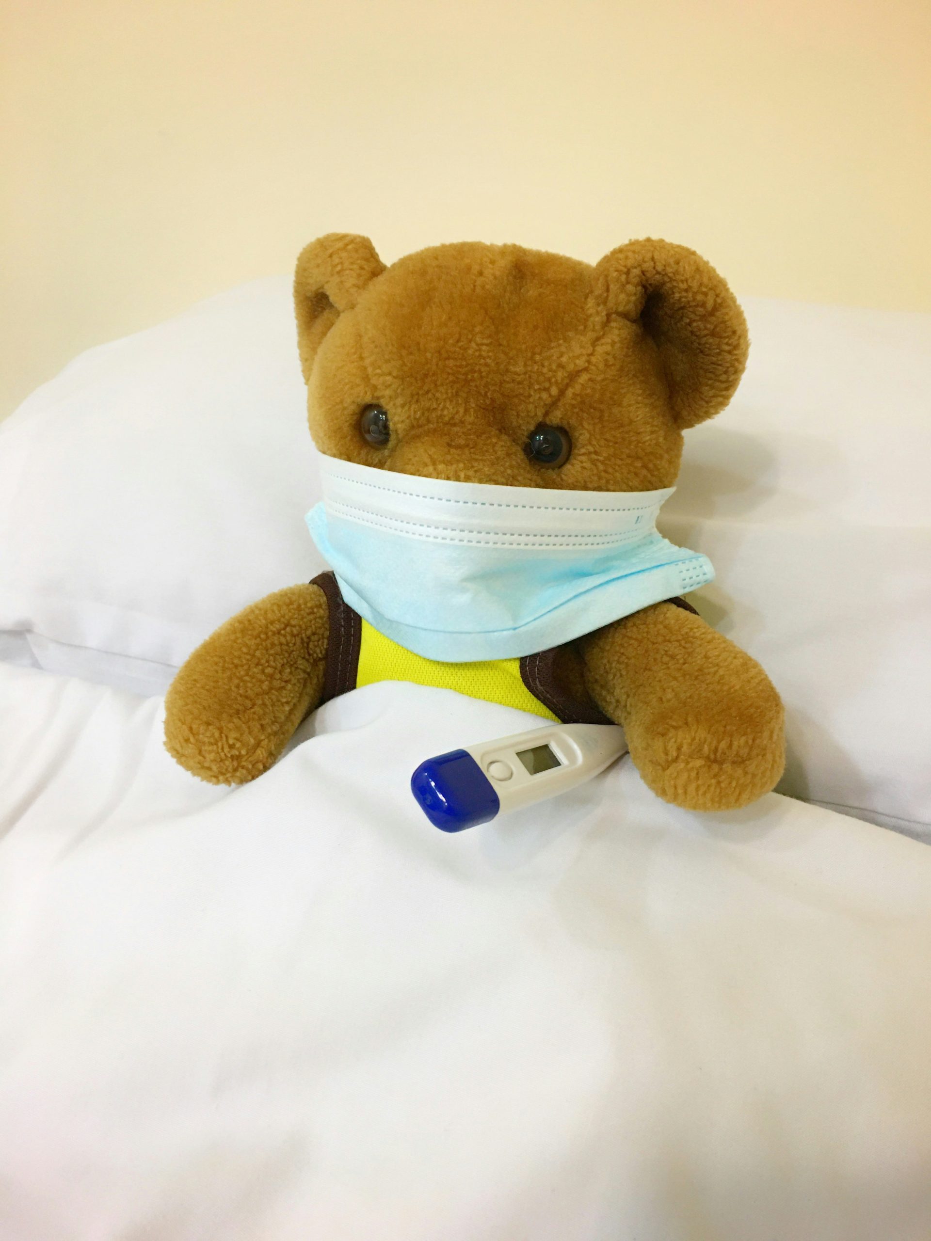Teddy Bear with mask and thermometer in Bed
