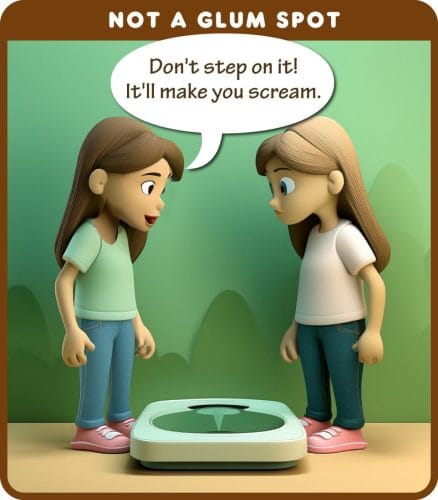 2 women looking at a scale with a bubble that says Don't step on it, it'll make you scream